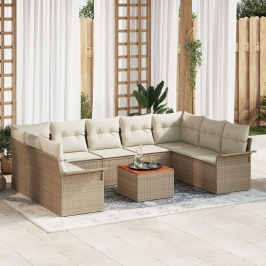 Set de Sofás de Jardín de 10 Piezas con Cojines Beige de Poliratán Acacia