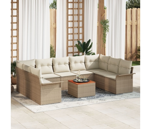 Set de Sofás de Jardín de 10 Piezas con Cojines Beige de Poliratán Acacia