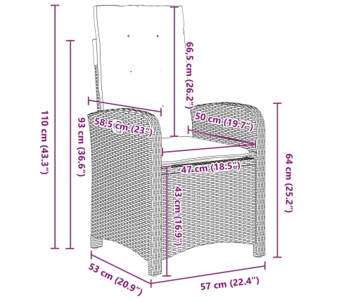 Set de comedor de jardín de 3 piezas con cojines - Rattan polimérico marrón