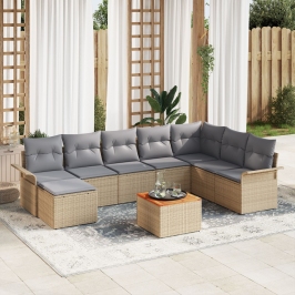 Juego de Sofá de Jardín de 9 Piezas con Cojines Beige Poliratán Acacia