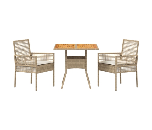 Juego de Comedor de Jardín  de 3 Piezas con Cojines Beige Poliratán