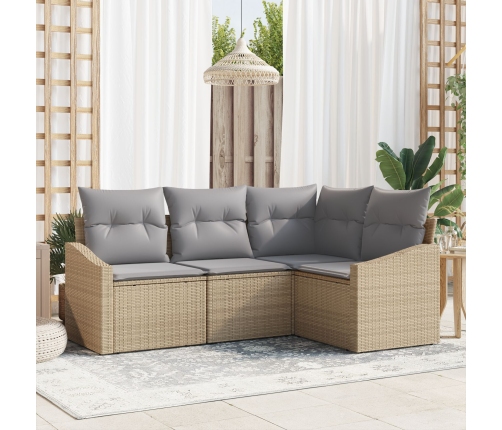 Conjunto de Sofás de Jardín de 4 Piezas con Cojines Beige de Ratán Poli