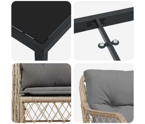Juego de Comedor de Jardín de 3 Piezas con Cojines Beige Poliratán
