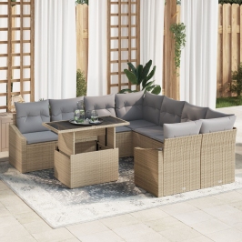 Conjunto de Sofás de Jardín 9 Piezas Marrón Claro y Gris