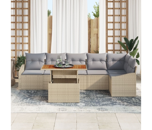 Conjunto de Comedor de Jardín de 7 Piezas con Cojines Beige de Poliratán y Acacia