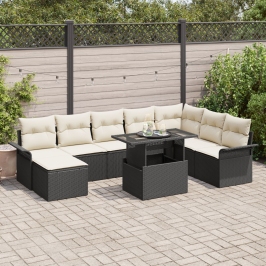 Set de Sofá de Jardín de 9 Piezas con Almohadas Negro Poliratán