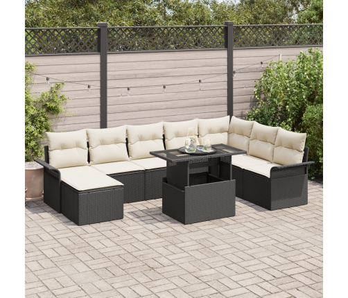 Set de Sofá de Jardín de 9 Piezas con Almohadas Negro Poliratán