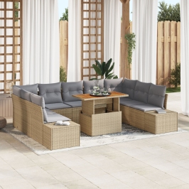 Conjunto de Sofás de Jardín de 10 Piezas con Cojines Beige Ratán Polipropileno