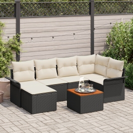 Conjunto de Sofá de Jardín de 7 Piezas con Cojines Negro Poliratán Acacia