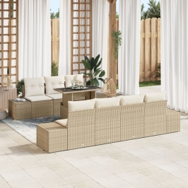 Conjunto de sofá de jardín de 8 piezas con cojines Beige Ratán sintético