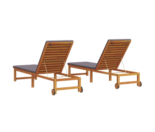 Tumbonas 2 pcs con Cojines de Madera Maciza de Acacia,  Tumbona con Cojines Gris Claro de Madera Maciza de Acacia