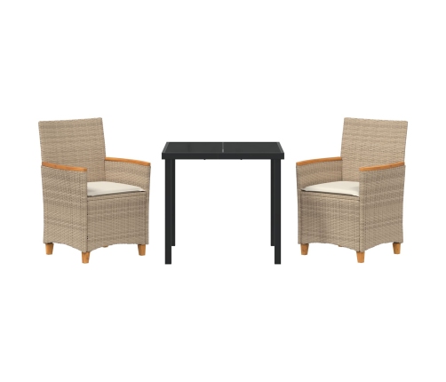 Juego de Comedor de Jardín de  de 3 Piezas con Cojines Beige Poliratán