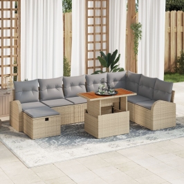 Conjunto de Sofá de Jardín de 9 Piezas con Cojines Beige Poliratán