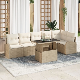 Set de Sofá de Jardín de 7 Piezas con Cojines Beige Ratán Poliéster