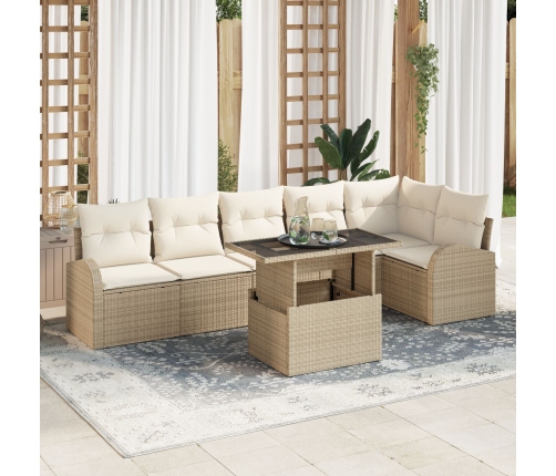 Set de Sofá de Jardín de 7 Piezas con Cojines Beige Ratán Poliéster