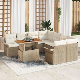 Conjunto de Sofá de Jardín de 9 Piezas con Cojines Beige Ratán Poliuretano