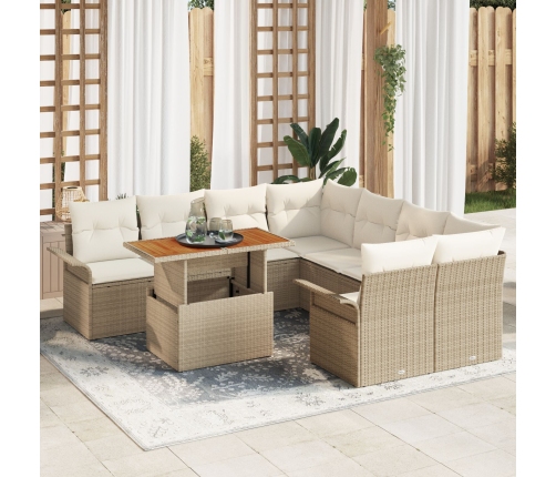 Conjunto de Sofá de Jardín de 9 Piezas con Cojines Beige Ratán Poliuretano