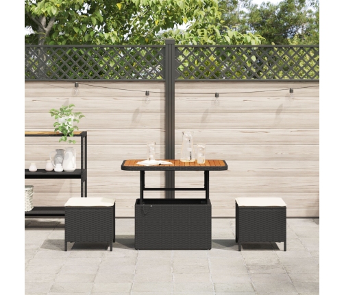 Set de Comedor de Jardín de 3 Piezas con Cojines Negro de Poliratán y Acacia