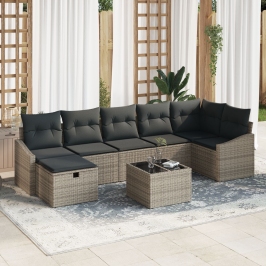 Conjunto de sofá de jardín de 8 piezas con cojines Gris Poliratán