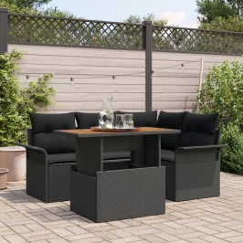Conjunto de Comedor de Jardín de 5 piezas con cojines Negros de Poliratán y Acacia