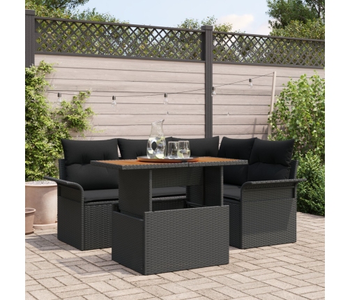 Conjunto de Comedor de Jardín de 5 piezas con cojines Negros de Poliratán y Acacia