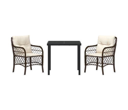 Conjunto de comedor de jardín  de 3 piezas con cojines de rattan polivinílico marrón
