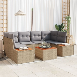 Juego de sofá de jardín de 7 piezas con cojines beige de ratán sintético y acacia