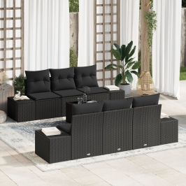 Set de Sofá de Jardín de 7 Piezas con Cojines Negro Poliratán