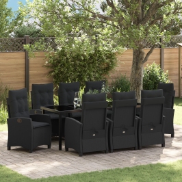 Conjunto de Comedor de Jardín de  de 9 Piezas con Cojines, Rattan Poliéster Negro