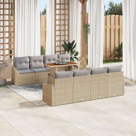 Juego de Comedor de Jardín de 9 Piezas con Cojines Beige Poliratán Acacia