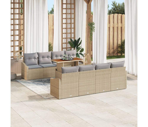 Juego de Comedor de Jardín de 9 Piezas con Cojines Beige Poliratán Acacia
