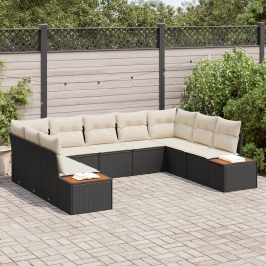 Set de Sofá de Jardín  de 9 Piezas con Cojines Negro Poliratán Acacia