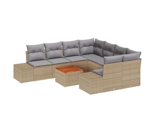 Conjunto de Sofá de Jardín de 9 Piezas con Cojines Beige Ratán Poliéster Acacia