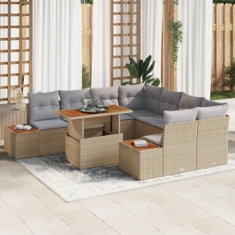 Juego de Sofás de Jardín Conjunto de 9 Beige y Gris Ratán Poliéster
