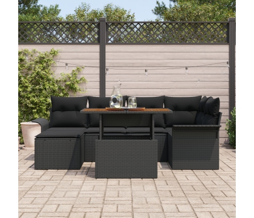 Conjunto de Comedor de Jardín de 7 Piezas con Cojines Negro Polirratán Acacia