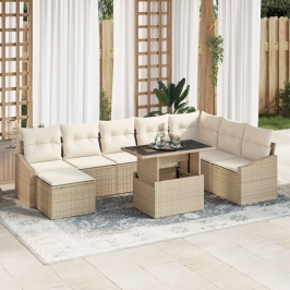 Conjunto de Sofás de Jardín de 9 Piezas con Cojines Beige de Poliratán
