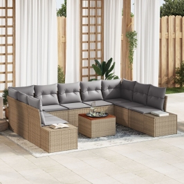 Juego de Sofá de Jardín de 10 Piezas con Cojines Beige Ratán Sintético Acacia