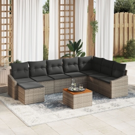 Conjunto de Sofá de Jardín  de 9 Piezas con Cojines Gris Polirrátan Acacia