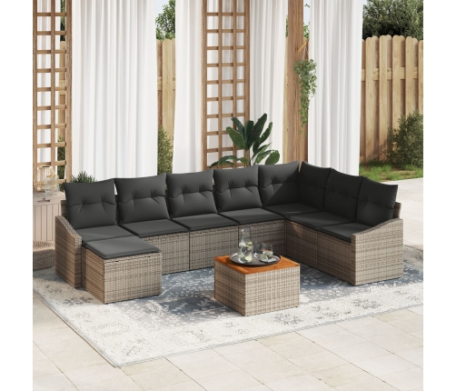 Conjunto de Sofá de Jardín  de 9 Piezas con Cojines Gris Polirrátan Acacia