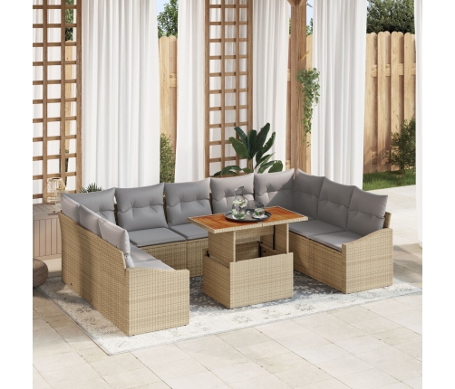 Juego de Comedor de Jardín de 10 Piezas con Cojines Ratán Beige
