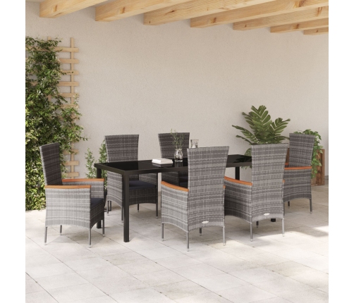 Juego de comedor de jardín de 7 piezas con cojines gris ratán poliéster