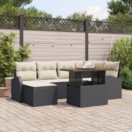 Conjunto de Comedor de Jardín de 7 Piezas con Cojines Negro Poliratán Acacia