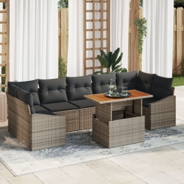 Conjunto de Jardín de 8 Piezas con Cojines Gris Ratán Poli Acacia