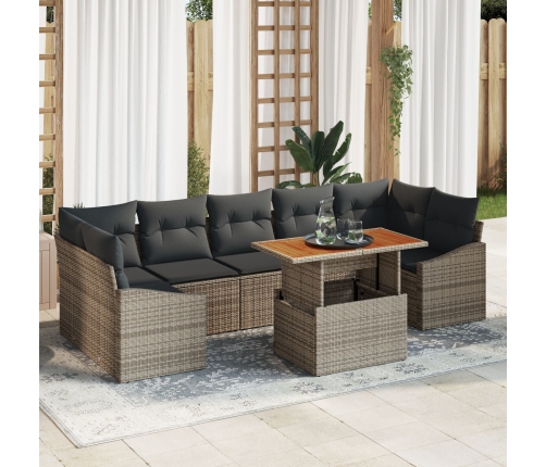 Conjunto de Jardín de 8 Piezas con Cojines Gris Ratán Poli Acacia