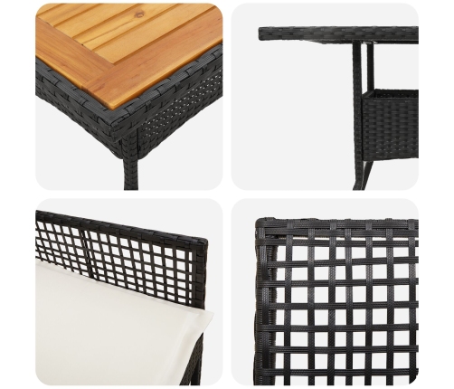 Set de Comedor de 3 Piezas para Jardín con Cojines Negros de Poliratán