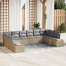 Juego de Sofás de Jardín de 10 Piezas con Cojines Beige Poliratán Acacia