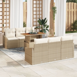 Juego de Comedor de Jardín de 7 Piezas con Cojines de Ratán Poliéster Beige y Acacia