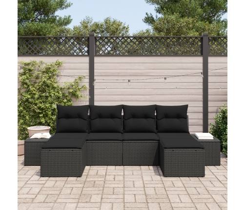 Set de sofás de jardín de 6 piezas con cojines de ratán negro poliéster
