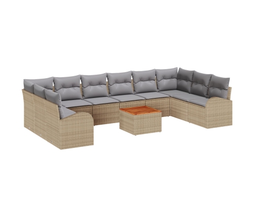 Set de Sofás de Jardín de 11 Piezas con Cojines Beige de Poliratán y Acacia