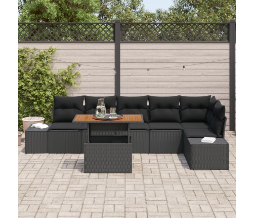 Conjunto de comedor de jardín de 7 piezas con cojines negros de poliratán de acacia